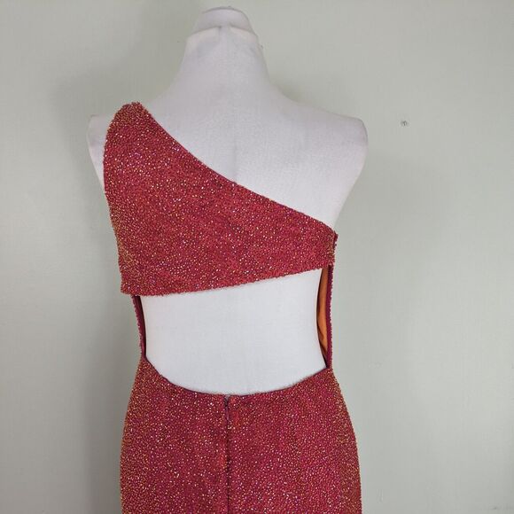 Sean Collection Prom Dress Maxi Gown Y2K Beaded Silk Shoulder Slit Sheath Pink L - Picture 4 of 14